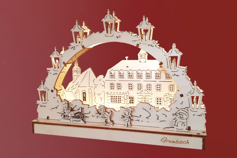 Bausatz Midi-Schwibbogen Grumbach Kirche und Rathaus