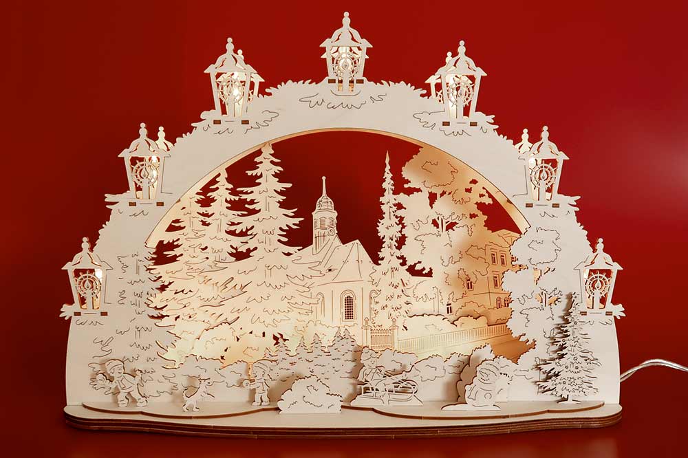Schwibbogen Dorfkirche mit Winterkindern
